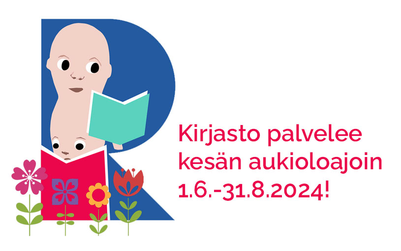 Kirjaston R-logo ja teksti: Kirjasto palvelee kesään aukioloajoin 1.6.-31.8.2014