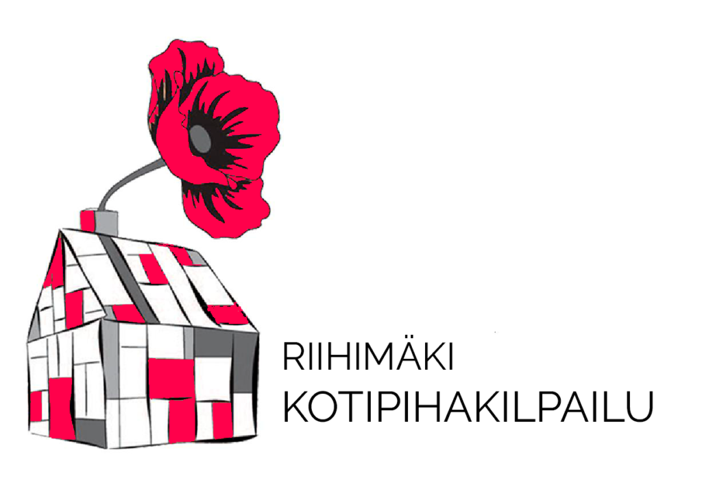 Graafinen logo talosta, josta kasvaa unikkokukka. Teksti Riihimäen kotipihakilpailu.