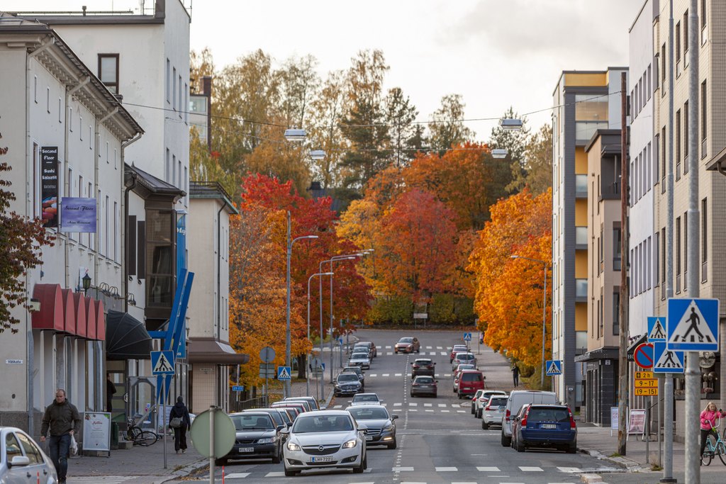 Autotie, joka päättyy puistomaiseen maisemaan. Autotien molemmin puolin kerrostaloja.