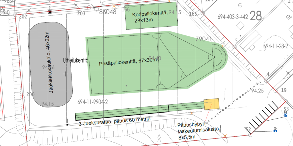 Kuvassa on asemapiirrosluonnos Hirsimäen kentästä. Kentällä näkyy tekonurmiset pesäpallokenttä, koripallokenttä ja juoksusuorat, pituushyppylaatikko sekä jääkiekkokaukalo.