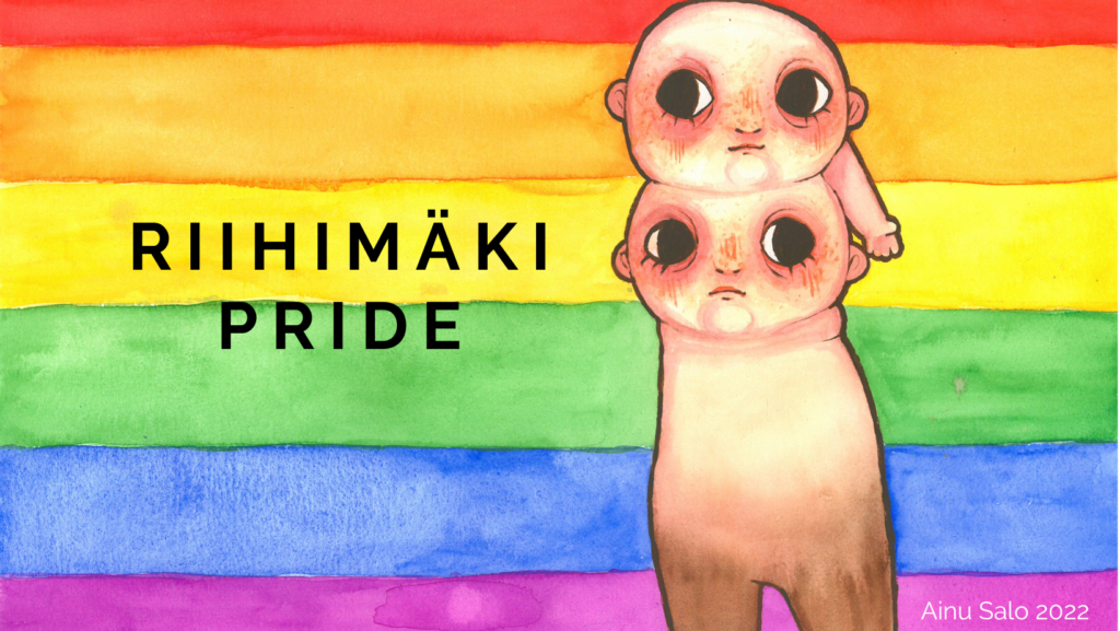 Kuvassa Eksynyt patsas, sateenkaarivärit ja teksti: Riihimäki Pride