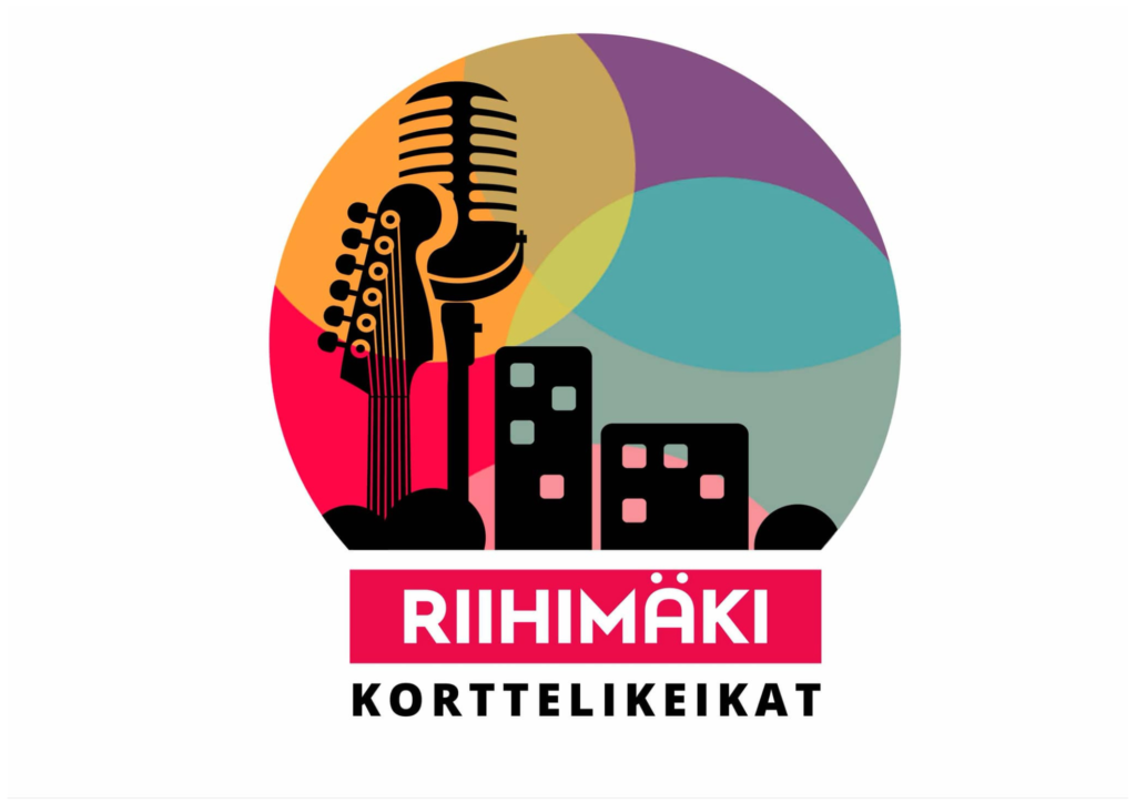 Korttelikeikat Riihimäki teksti ja rakennuksen ja soittimien siluetteja.